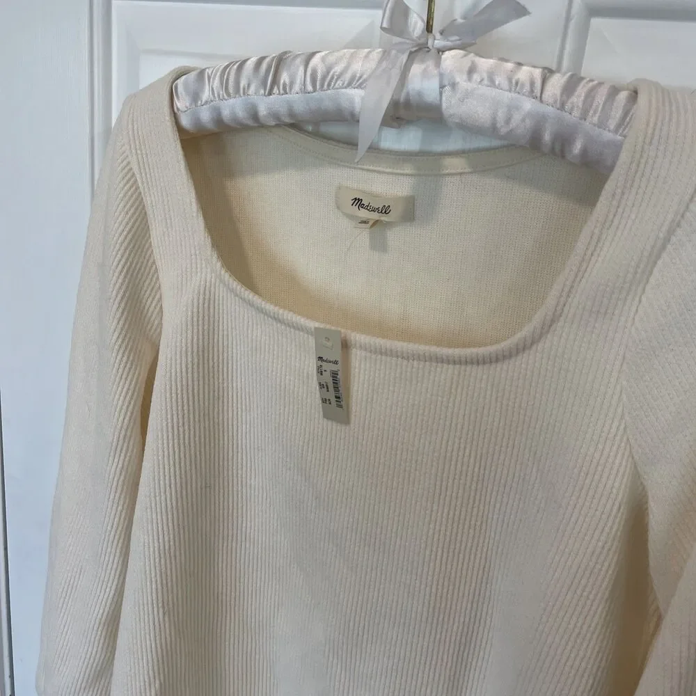 NWT Madewell Ribbed Square Neck Top Ivory Puff Sleeves Small Ottoman Sweater